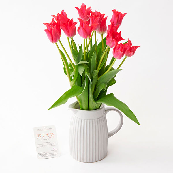おしゃれな花の贈り物　花瓶（アンティークジャグ　シングル/大）とチューリップ　15本花束ブーケ（赤系）