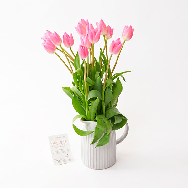 おしゃれな花の贈り物　花瓶（アンティークジャグ　シングル/大）とチューリップ　15本花束ブーケ（ピンク系）