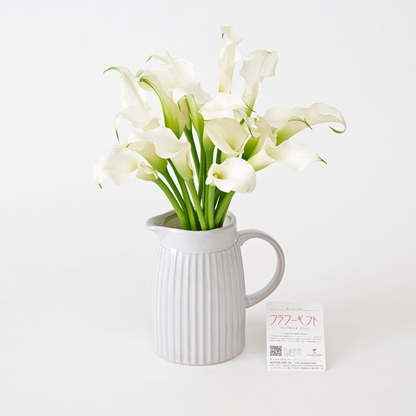 陶器花瓶（アンティーク水差し型Mサイズ）と　白カラー20本　花束ブーケ