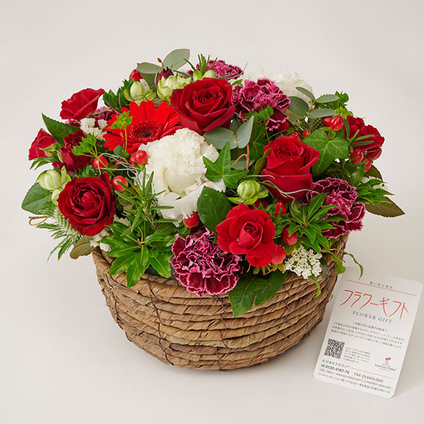 おしゃれな花の贈り物　おしゃれなお祝い用アレンジメントフラワー　赤系　Mサイズ
