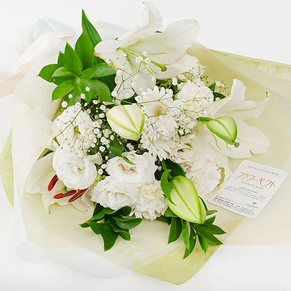 おしゃれな花の贈り物　ユリを使用した花束ブーケ（白グリーン系）小さめサイズ