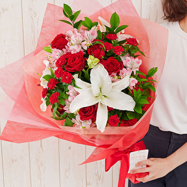 おしゃれな花の贈り物　ユリを使用した花束ブーケ（赤ピンク系）1万円コース